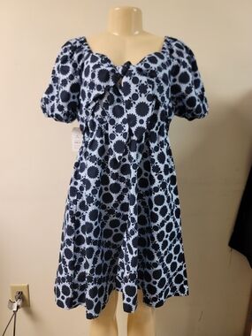 Time and Tru Light Blue and And Dark Blue Floral Puff-Sleeve Midi Dress